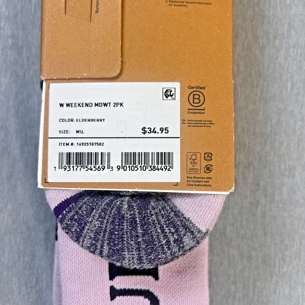 2 pack Burton Womens Weekend Midweight Socks Elderberry Size M/L Ski Hiking Snow